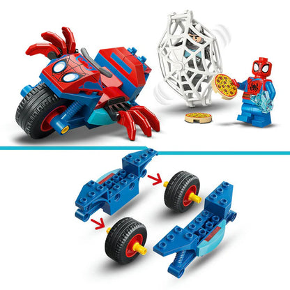 Spidey red-blue motorcycle build with Rhino villain minifig and white web wheel
