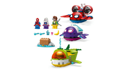 Underwater vehicles builds: red, purple, and green subs with mini figures