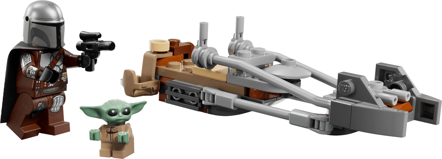 Speeder bike build with Mandalorian and Grogu minifigures, side view