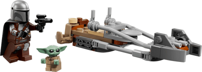 Speeder bike build with Mandalorian and Grogu minifigures, side view