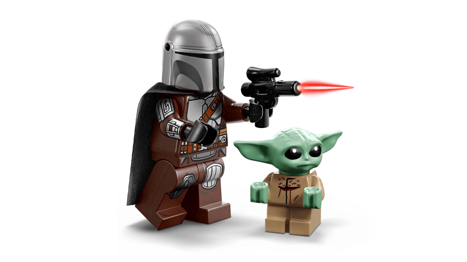 Mandalorian minifigure and Grogu with red blaster beam, close-up