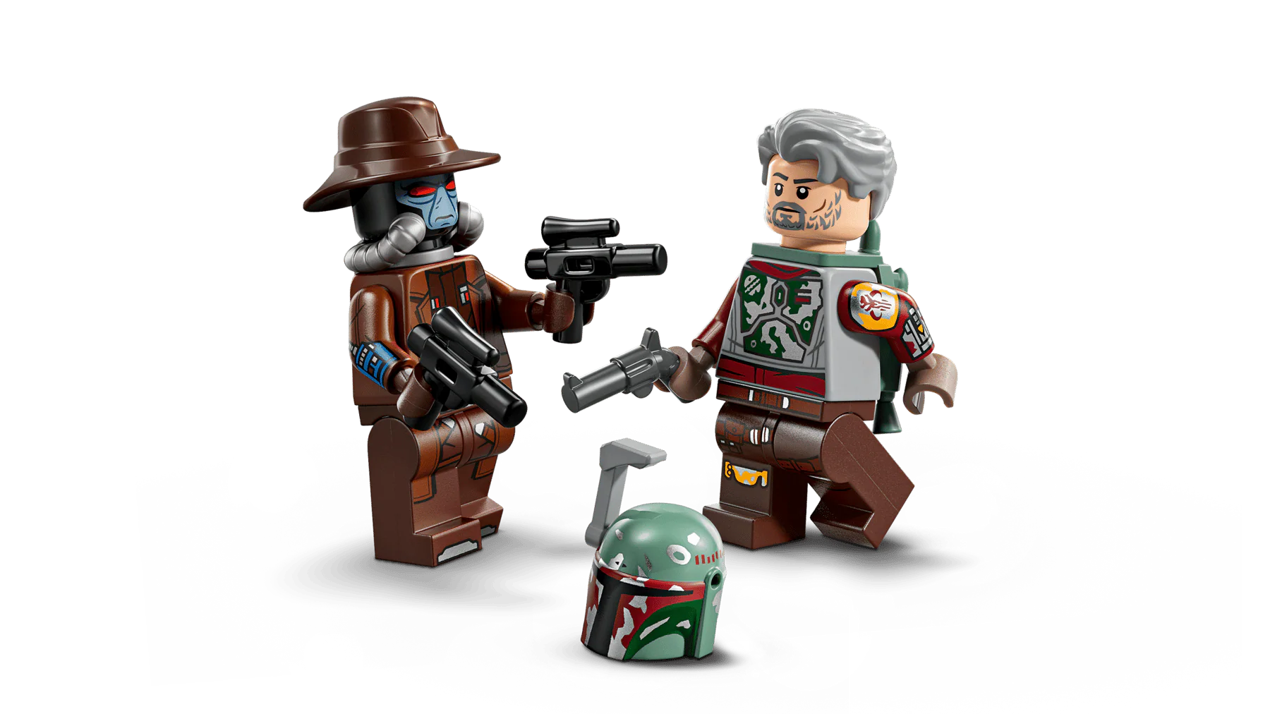 Cobb Vanth and Mandalorian minifigures with weapons and helmet, with speeder pieces