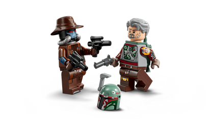 Cobb Vanth and Mandalorian minifigures with weapons and helmet, with speeder pieces