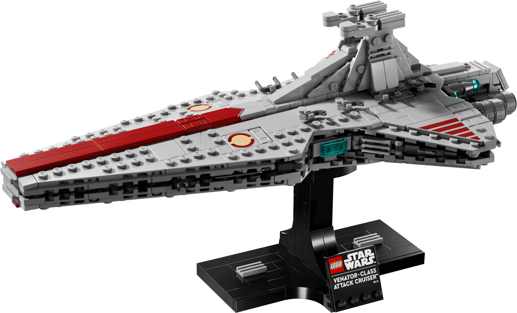 Venator-Class Attack Cruiser ship side view, gray and red with teal cockpit details