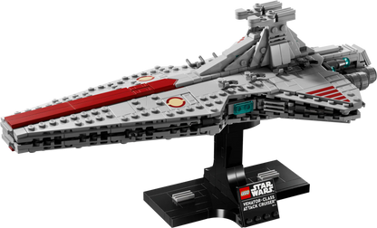 Venator-Class Attack Cruiser ship side view, gray and red with teal cockpit details