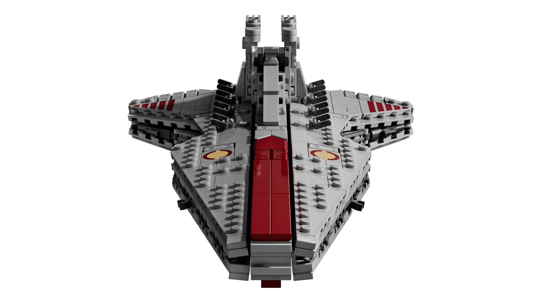 Venator-Class Attack Cruiser top view, gray hull with red center stripe and gray fins