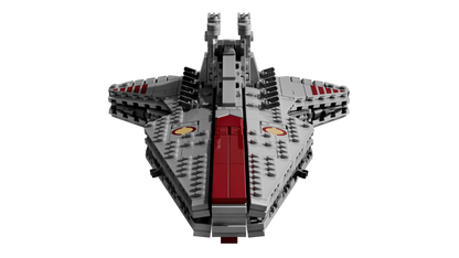 Venator-Class Attack Cruiser top view, gray hull with red center stripe and gray fins