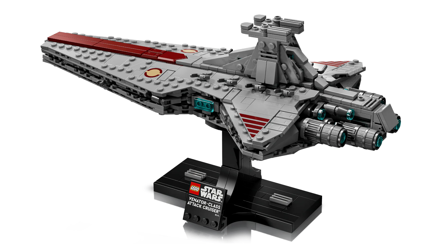 Venator-Class Attack Cruiser front view, gray and red with teal engine elements on stand