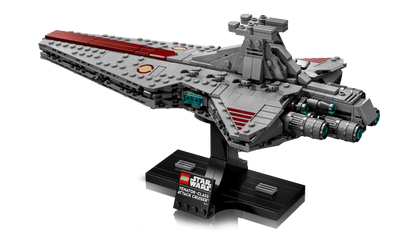Venator-Class Attack Cruiser front view, gray and red with teal engine elements on stand