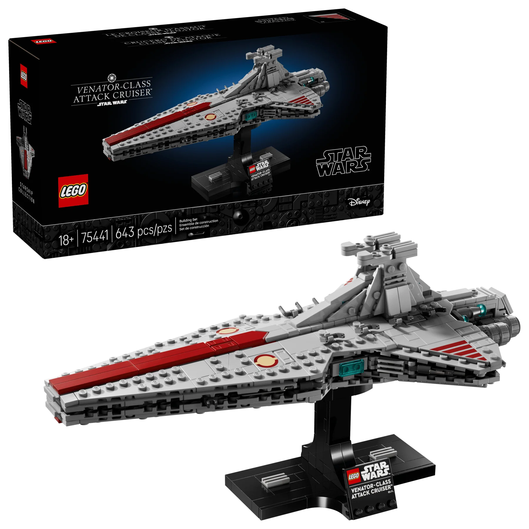 Venator-Class Attack Cruiser model with display stand, gray and red starship