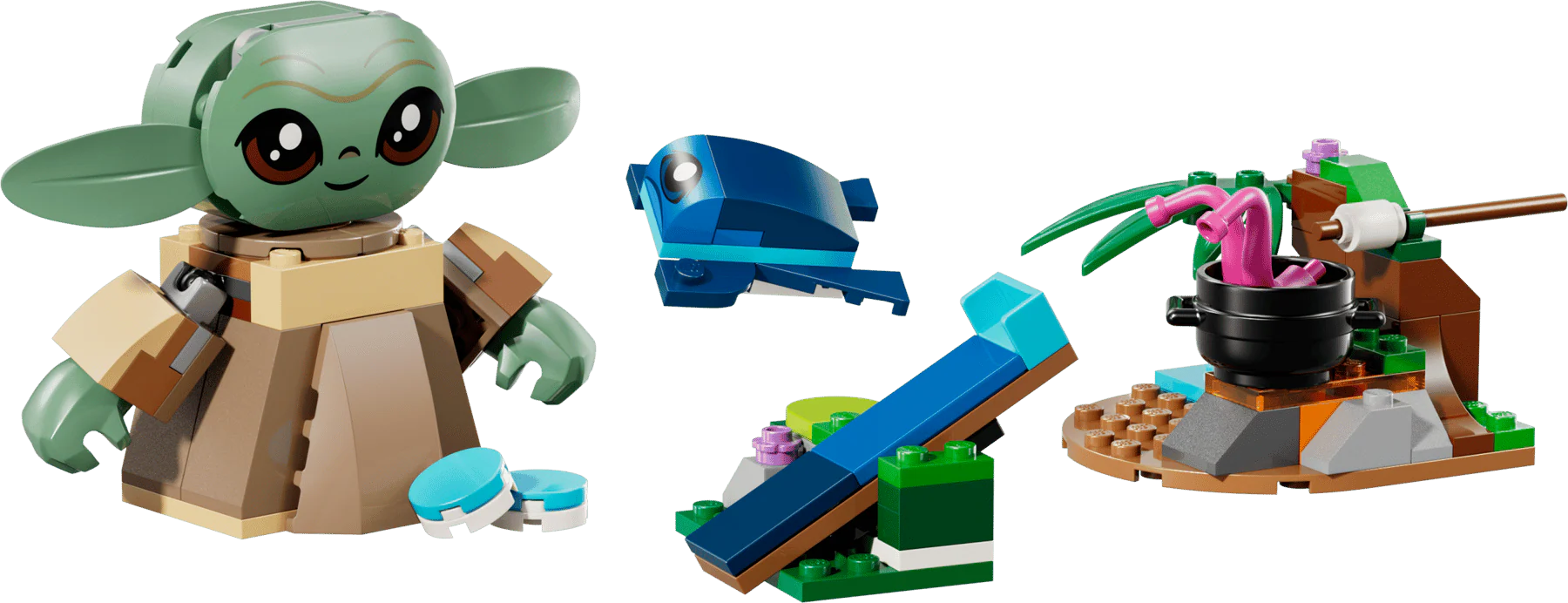 Grogu minifigure with blue vehicle and pink crane build from the Grogu's Homestead set