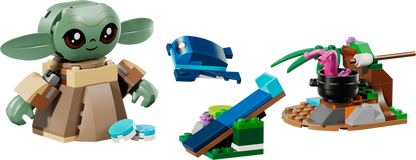 Grogu minifigure with blue vehicle and pink crane build from the Grogu's Homestead set
