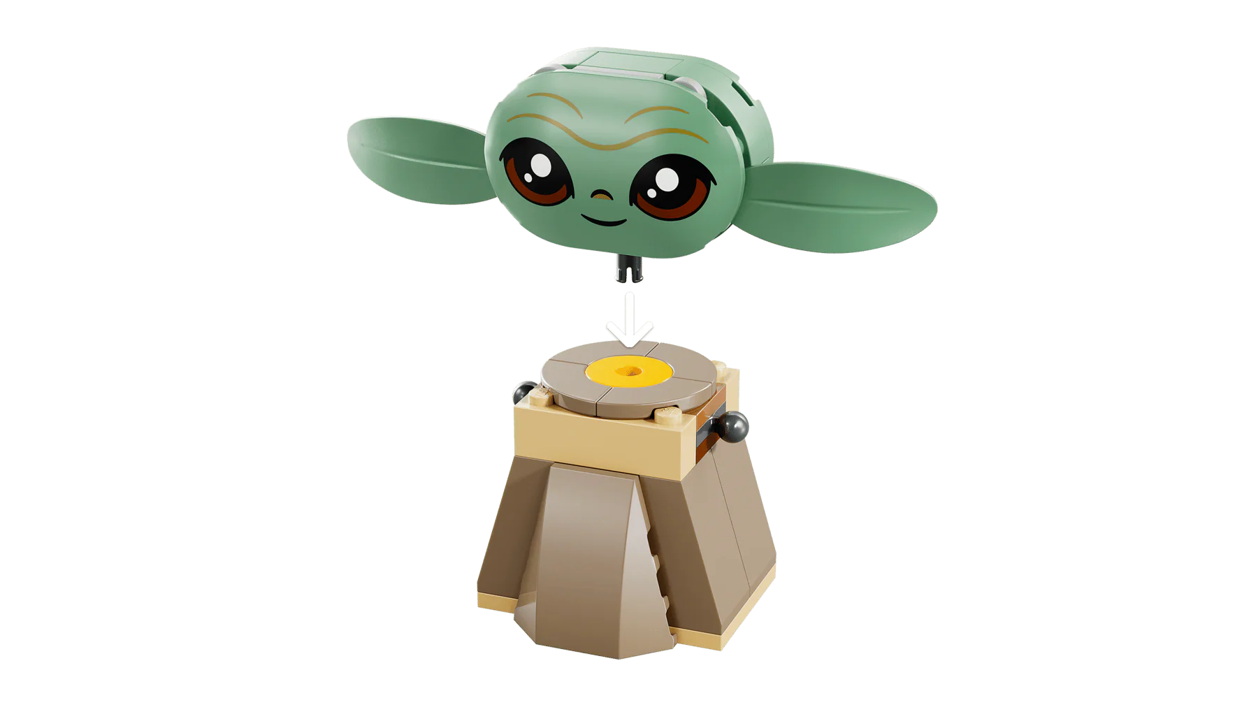 Grogu figure on a rotating base stand with a yellow circular top plate