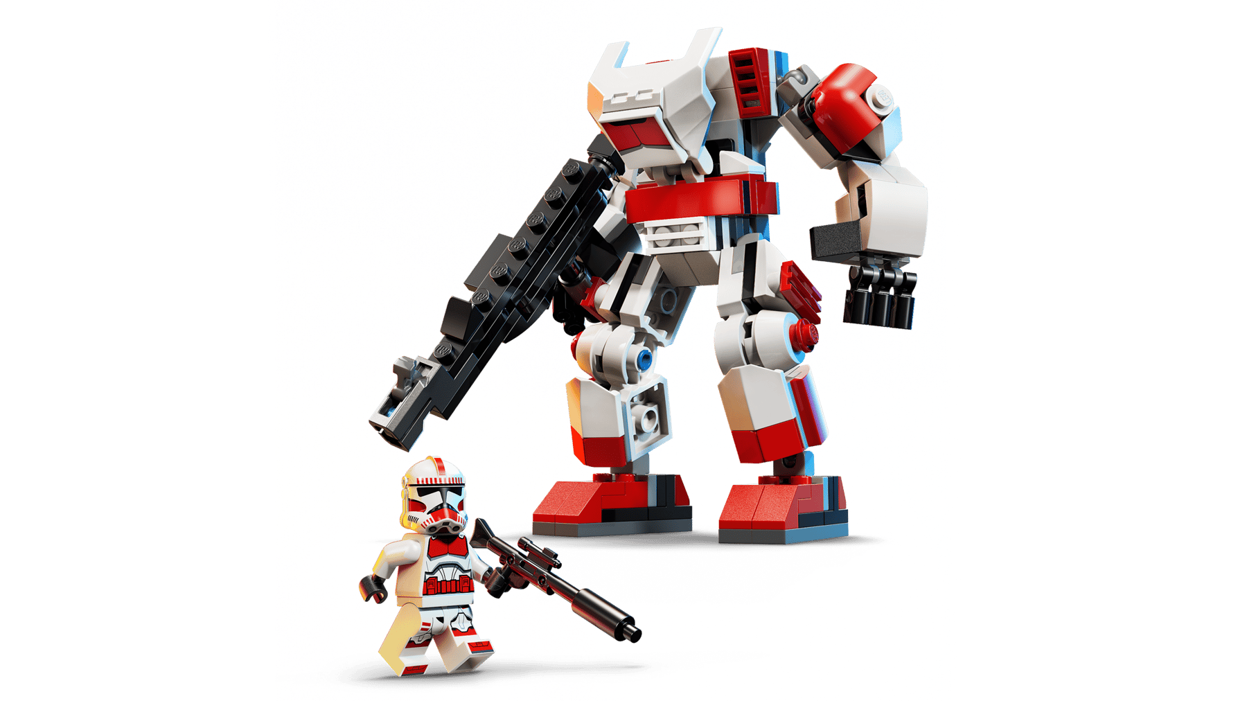 Clone Shock Trooper mech on stand, small trooper accessory and red-black weapon