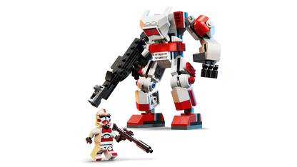 Clone Shock Trooper mech on stand, small trooper accessory and red-black weapon