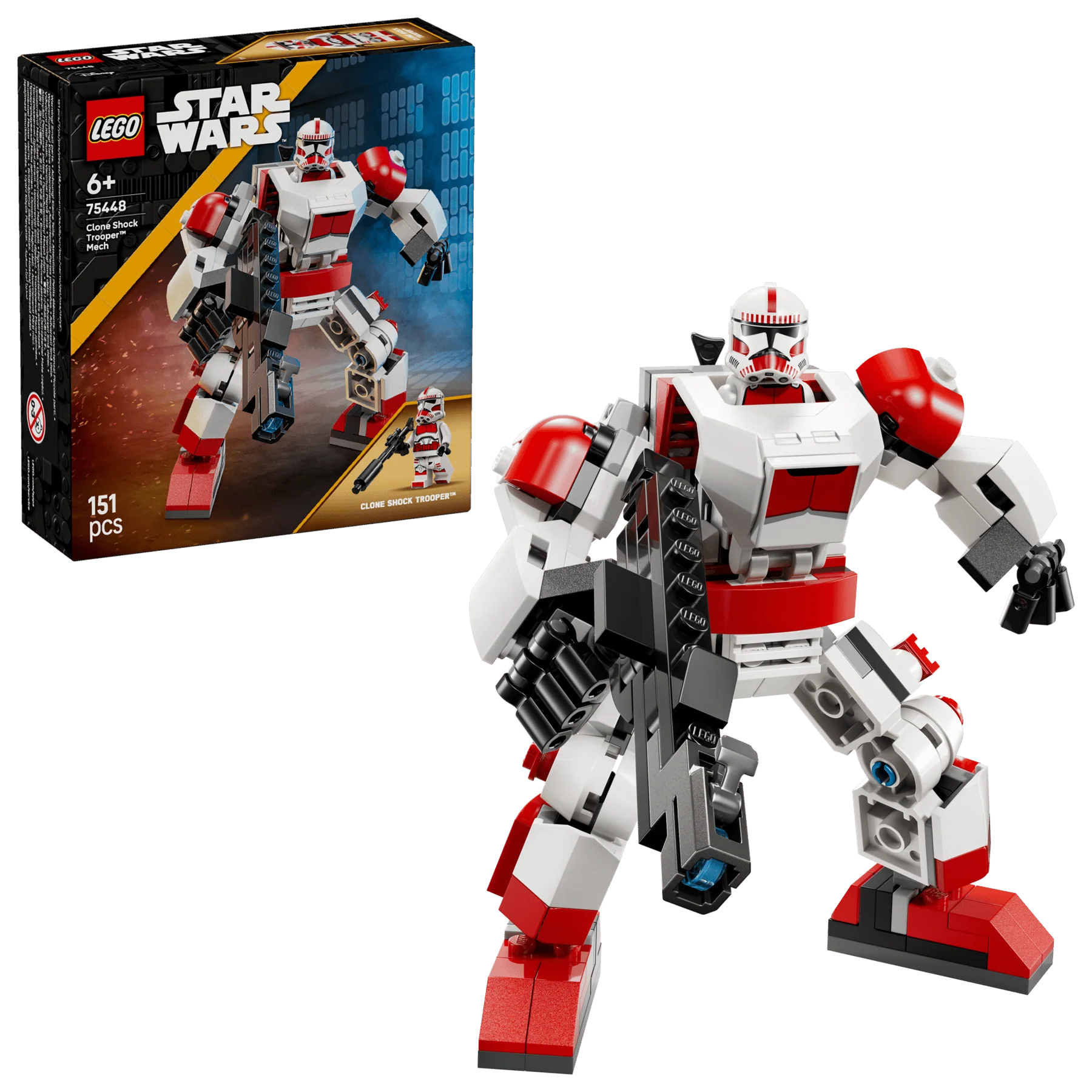 Clone Shock Trooper mech set box and white-and-red trooper figure
