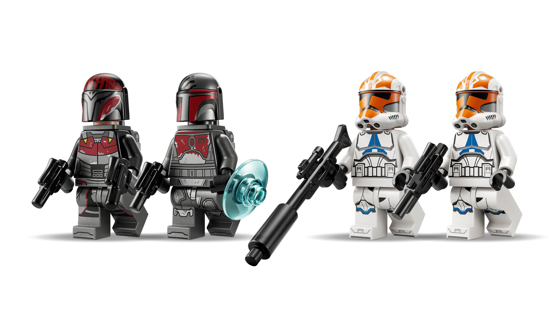Vier Minifiguren: Mandalorianer und Klone, Helme in Grau/Rot sowie Orange/Blau