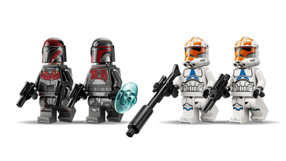 Vier Minifiguren: Mandalorianer und Klone, Helme in Grau/Rot sowie Orange/Blau