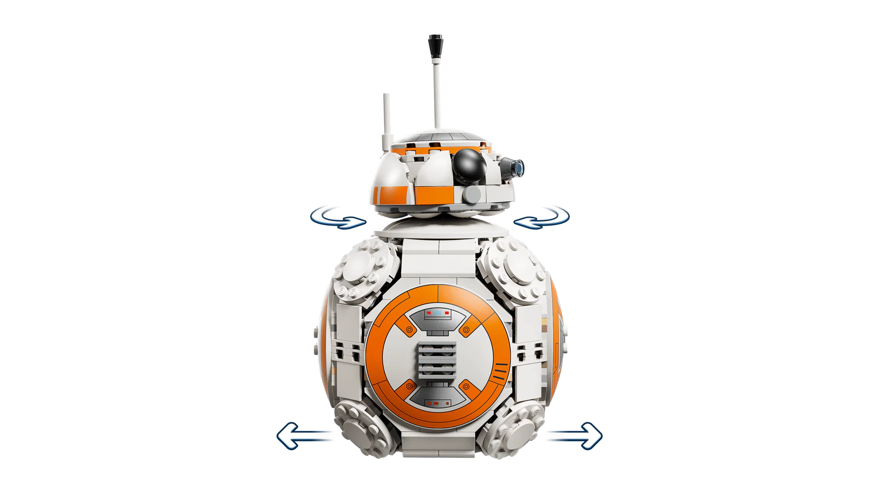 Bb-8 Astromech droid front view, orange circular chest panel and blue side details