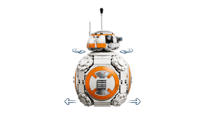 Bb-8 Astromech droid front view, orange circular chest panel and blue side details