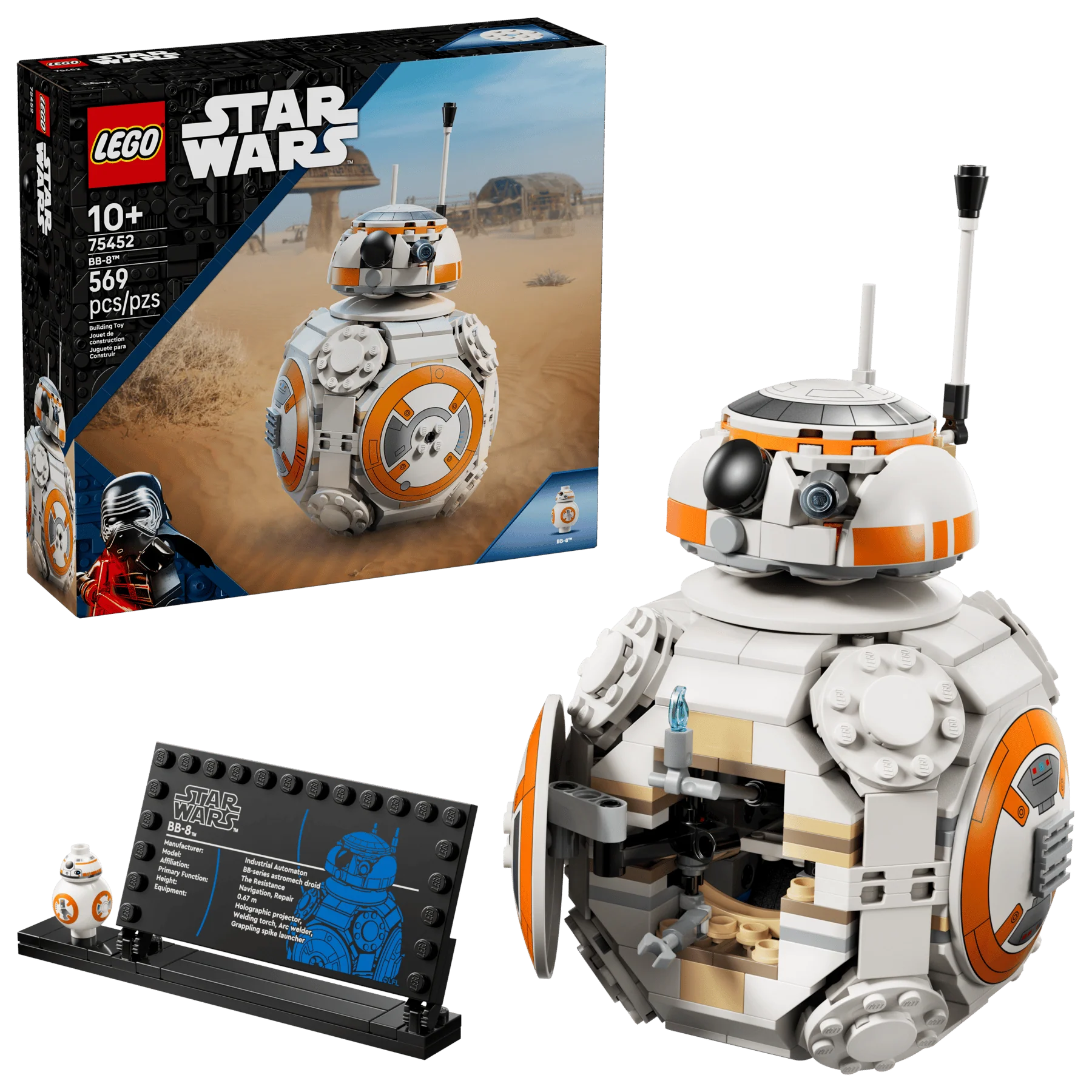 Bb-8 Astromech droid in LEGO bricks, white with orange panel accents