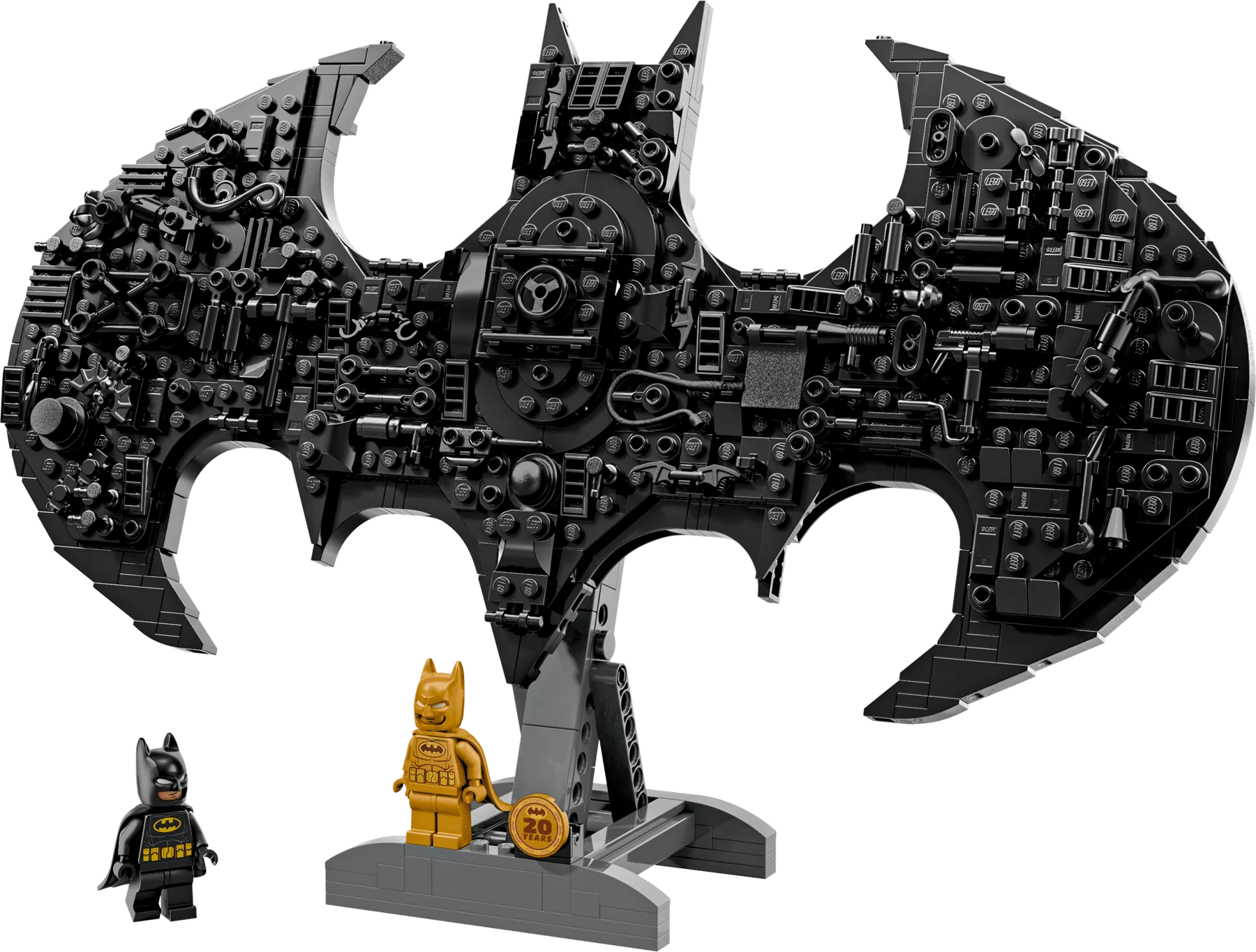 Schwarz-graues Batman-Logo aus LEGO Steinen mit Minifiguren auf Sockel
