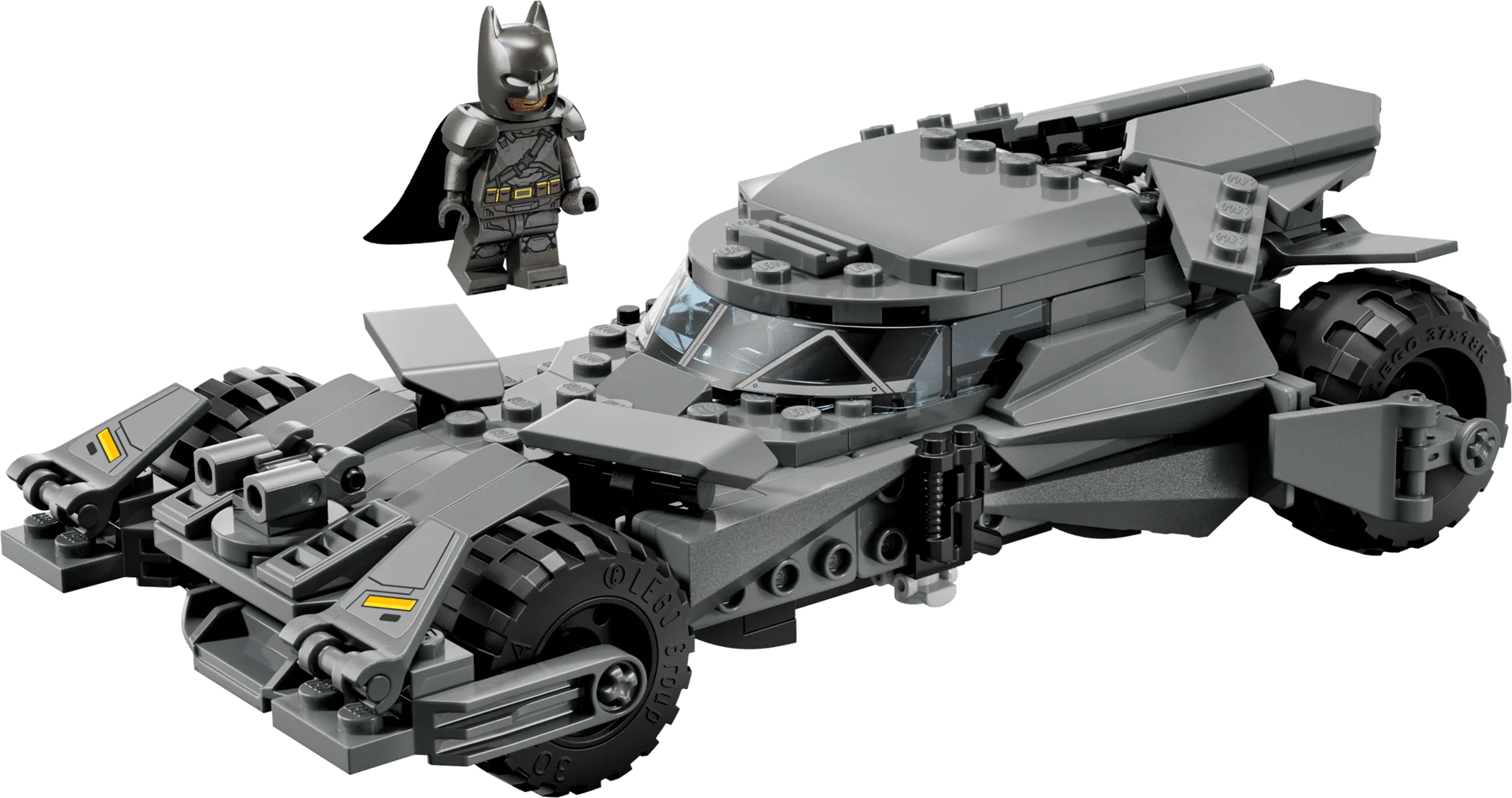 Graues Batmobile-Modell mit technischen Details, vordere Ansicht und Batman-Minifigur