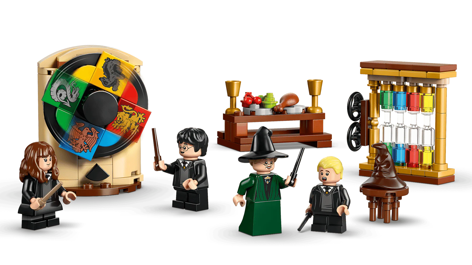 Sorting Hat Ceremony set: house-wheel spinner, minifigures holding wands and table