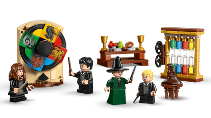 Sorting Hat Ceremony set: house-wheel spinner, minifigures holding wands and table