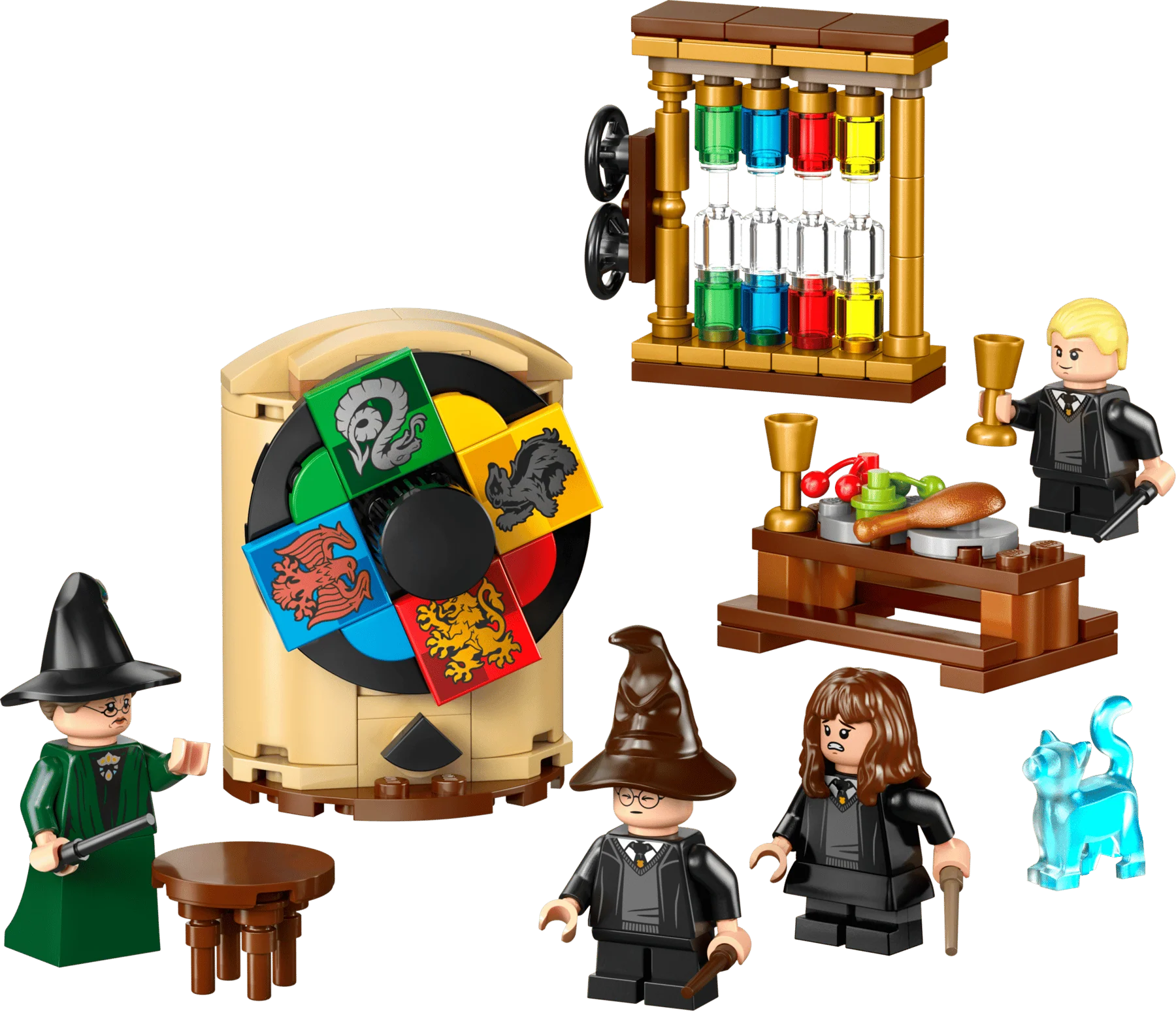 Sorting Hat Ceremony set close-up: house wheel, potion cauldron and wand minifigures