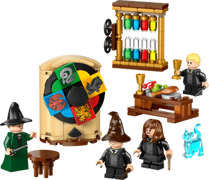 Sorting Hat Ceremony set close-up: house wheel, potion cauldron and wand minifigures