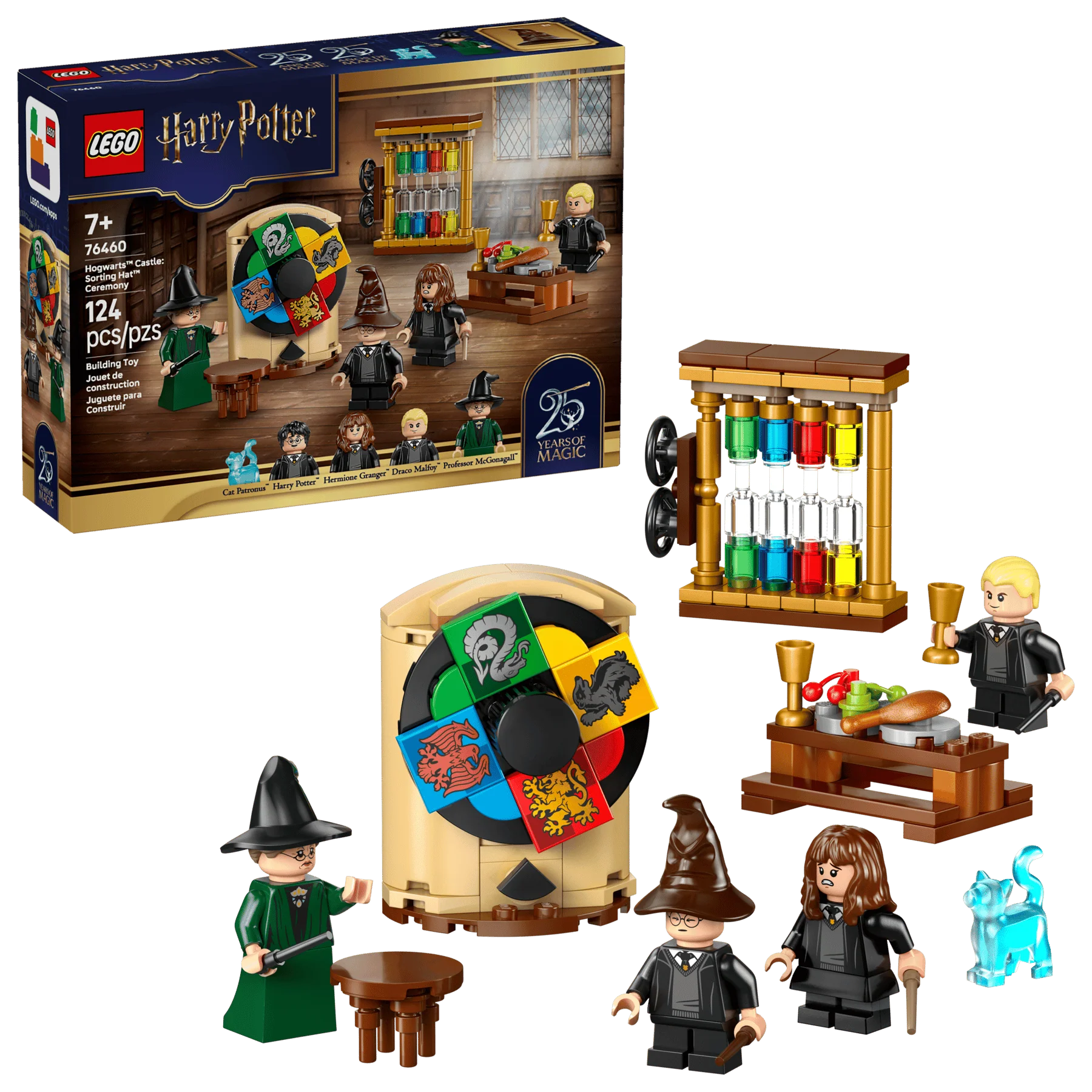 Sorting Hat Ceremony LEGO set with 4 minifigures, cauldron and house-wheel piece