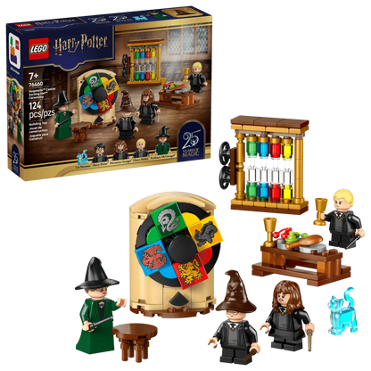 Sorting Hat Ceremony LEGO set with 4 minifigures, cauldron and house-wheel piece