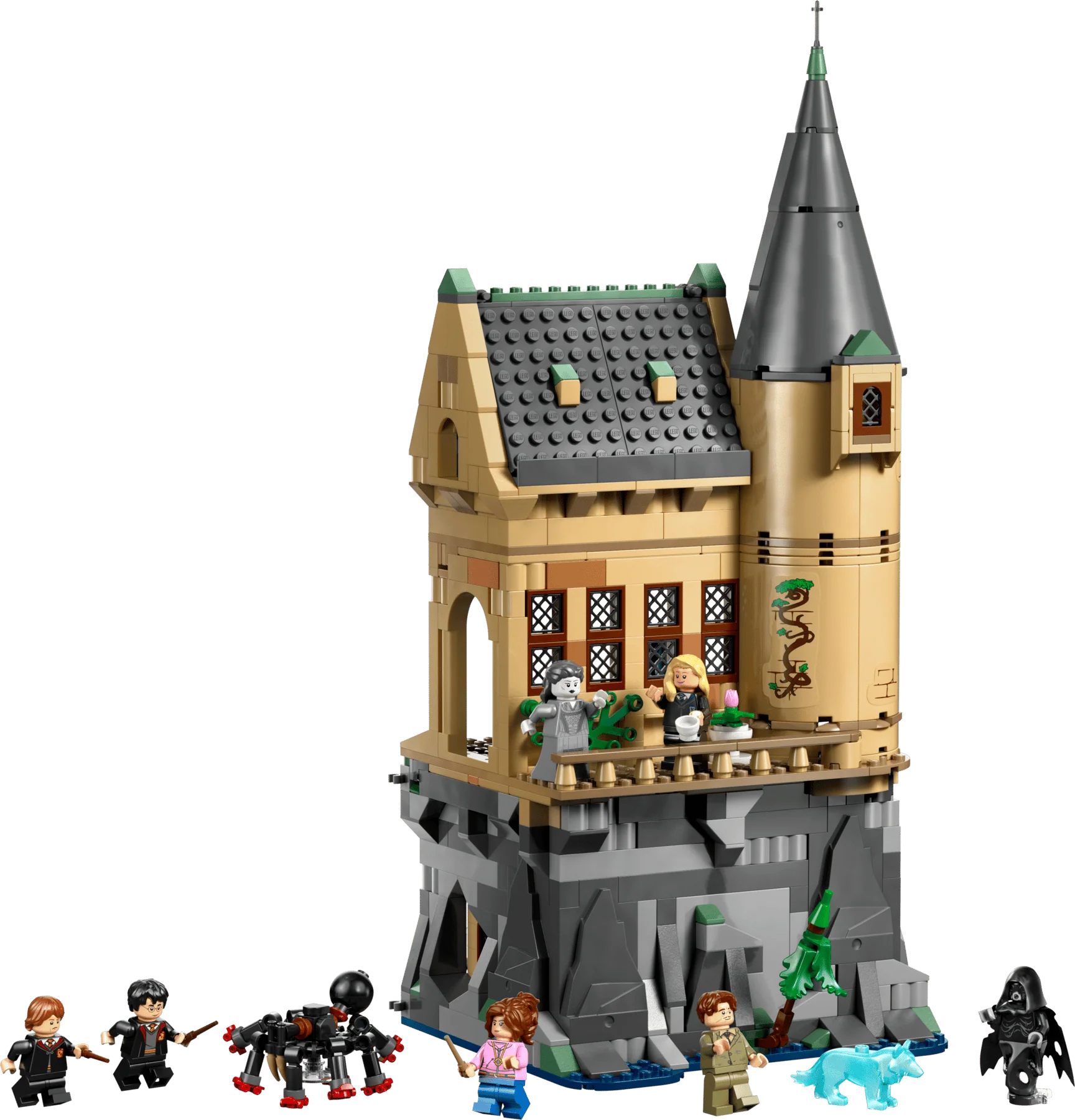 Hogwarts Hospital Wing castle model with spire, windows, doorway, and minifigures