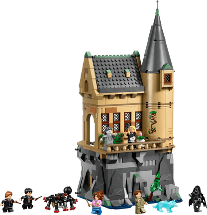 Hogwarts Hospital Wing castle model with spire, windows, doorway, and minifigures