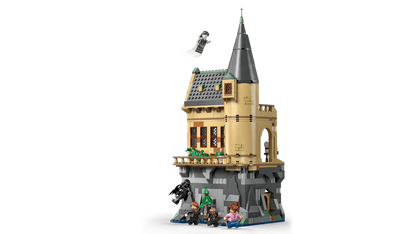 Hogwarts Hospital Wing castle model from side with tall spire and minifigures
