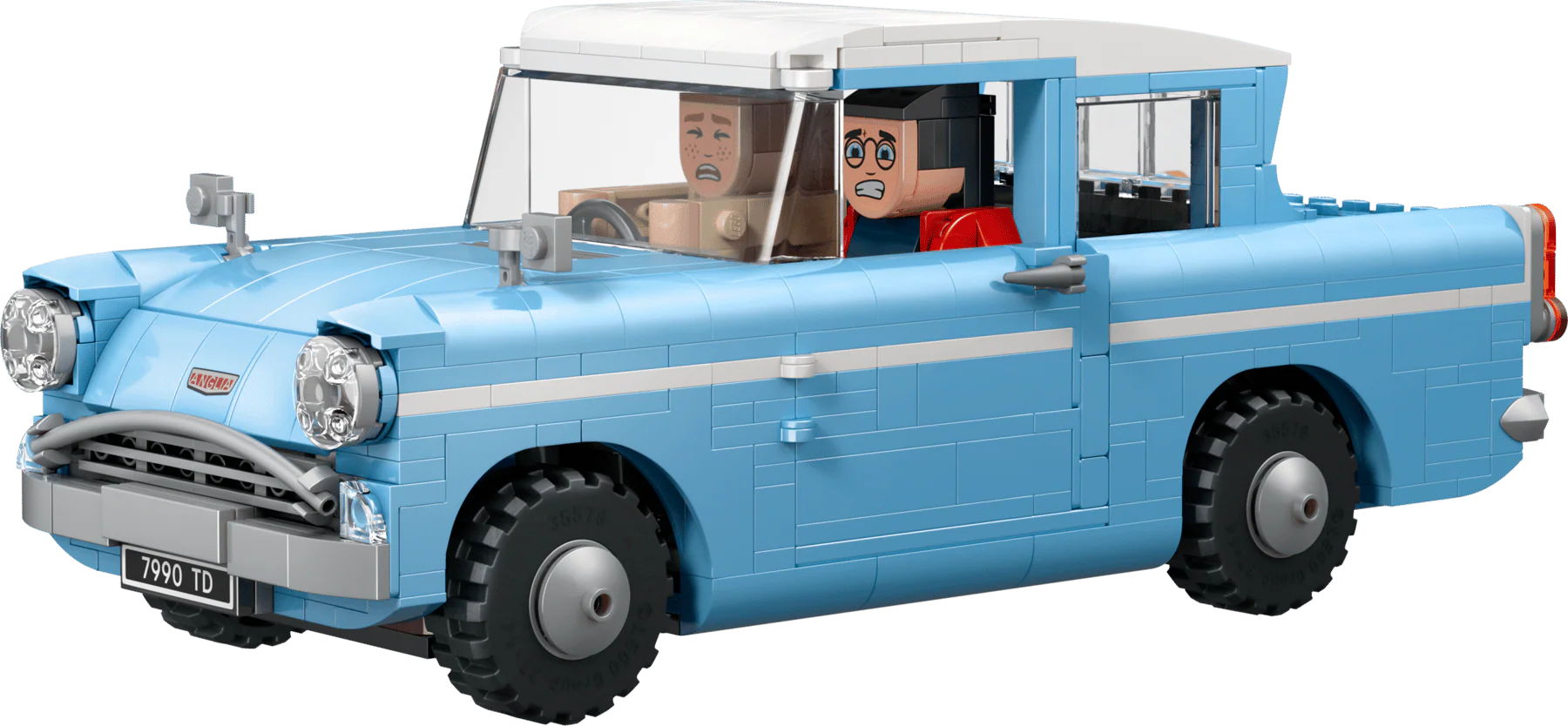 Light blue Flying Ford Anglia brick car, front side view with two minifigures