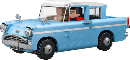 Light blue Flying Ford Anglia brick car, front side view with two minifigures