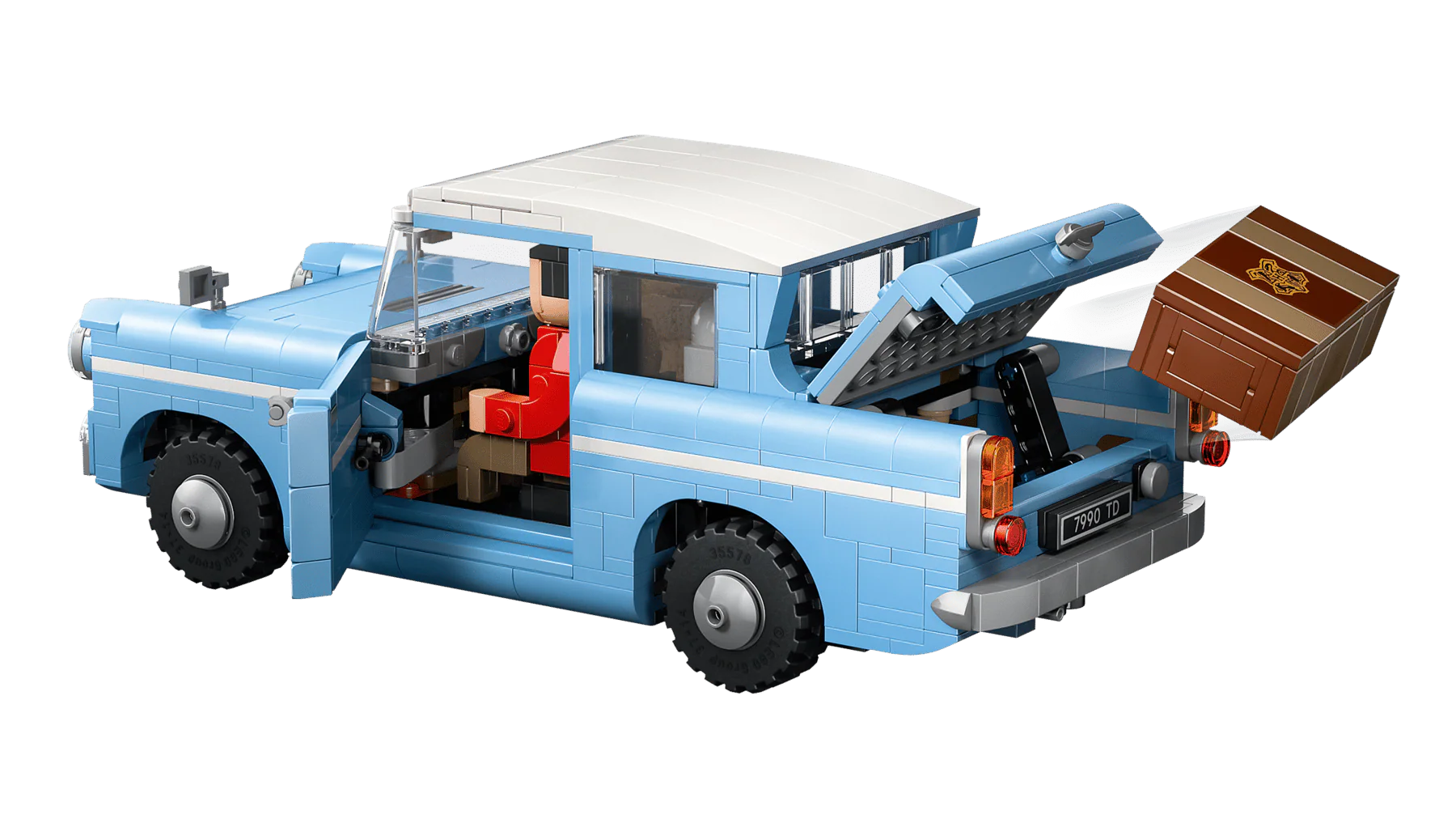 Flying Ford Anglia brick car in light blue, rear view with roof open and luggage