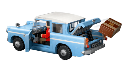 Flying Ford Anglia brick car in light blue, rear view with roof open and luggage