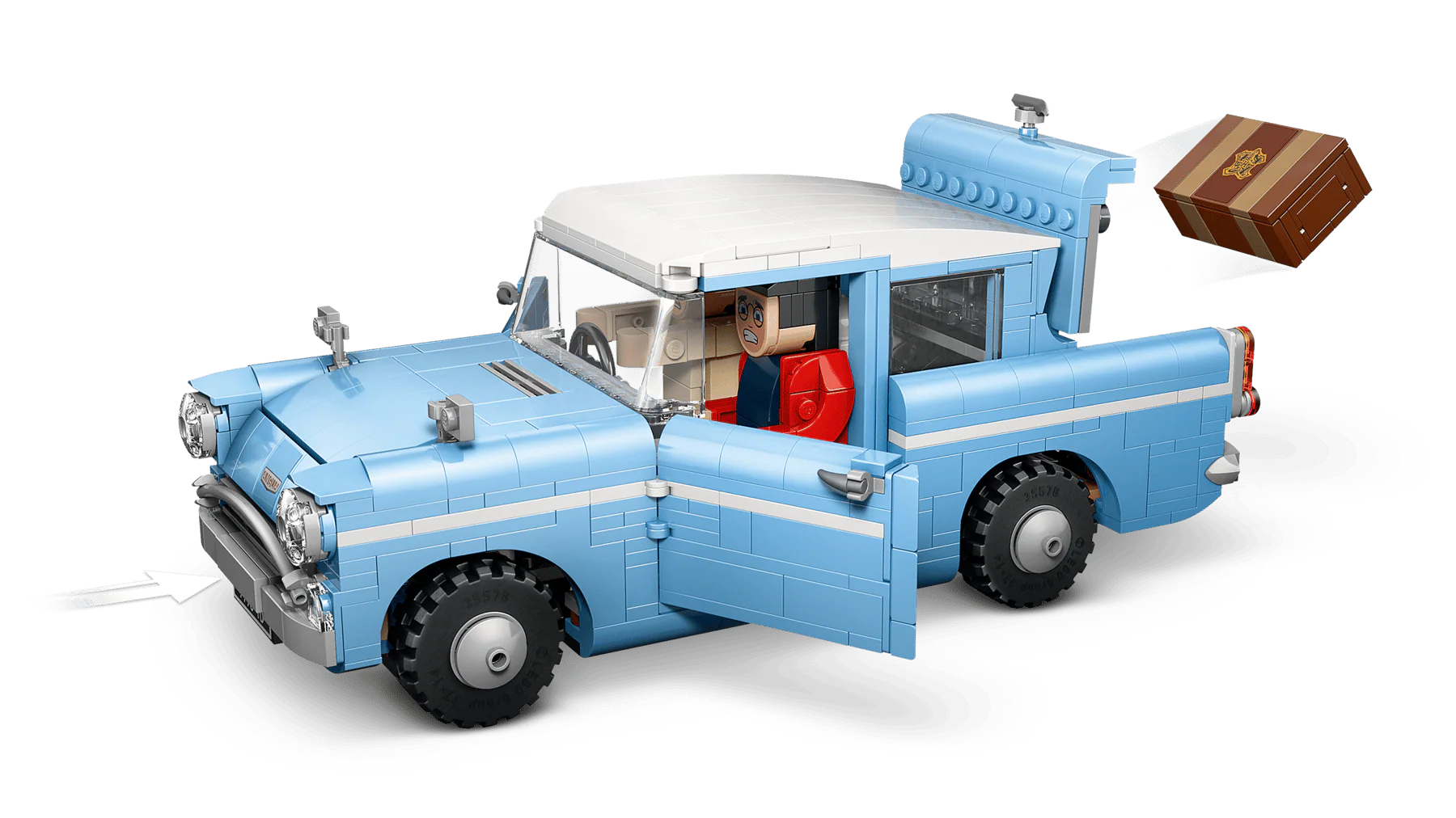 Light blue Flying Ford Anglia brick car, side view with figures and open cockpit