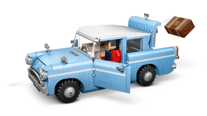 Light blue Flying Ford Anglia brick car, side view with figures and open cockpit