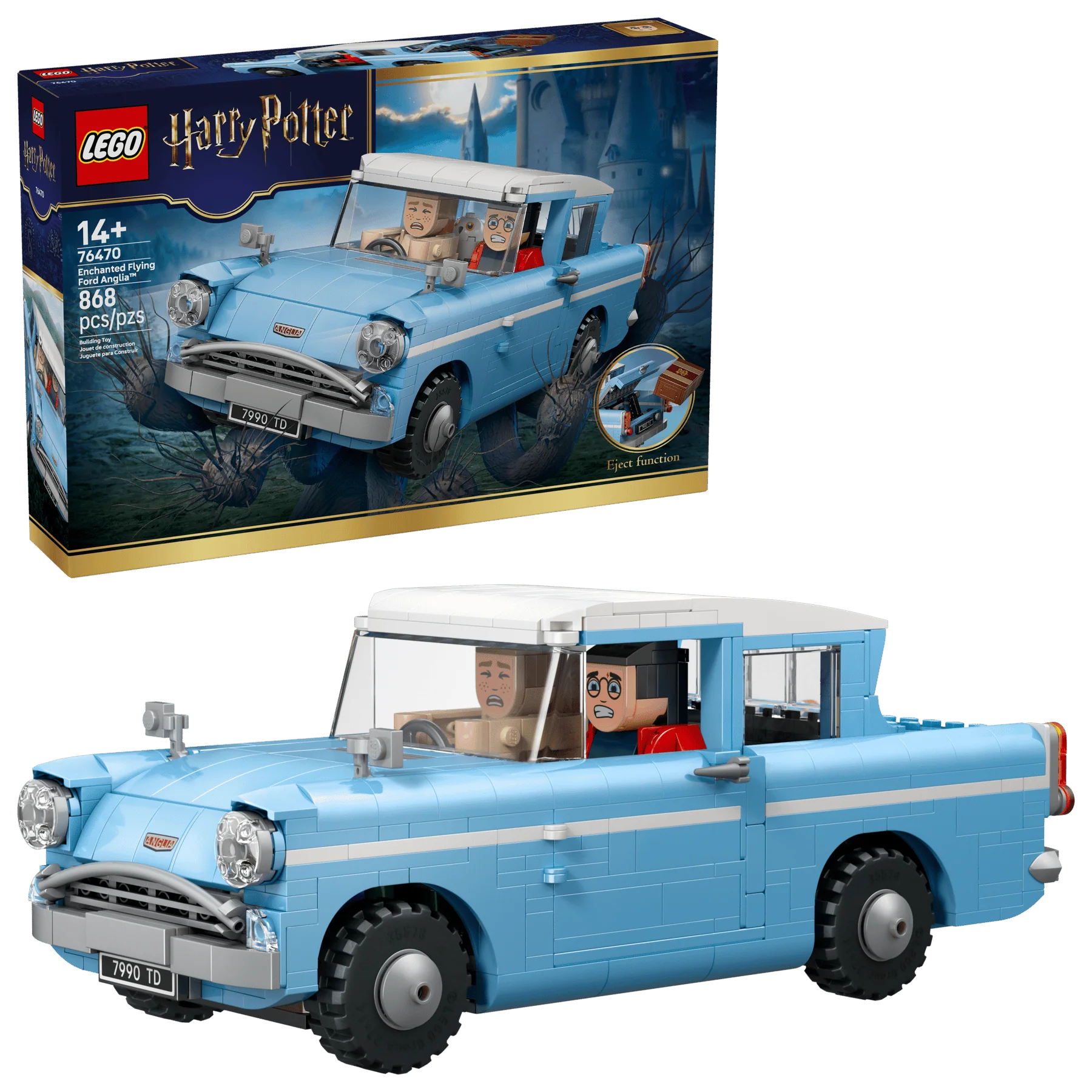 Enchanted Flying Ford Anglia brick model set, light blue car with open interior