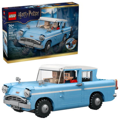 Enchanted Flying Ford Anglia brick model set, light blue car with open interior