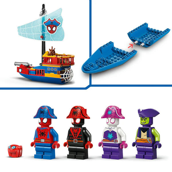 Pirate ship model with blue hull pieces and four Spidey-themed minifigures