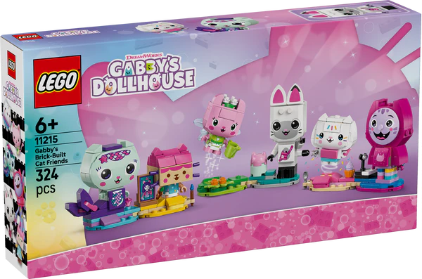 LEGO Gabby’s Dollhouse cat friends building set box, 5 characters on display
