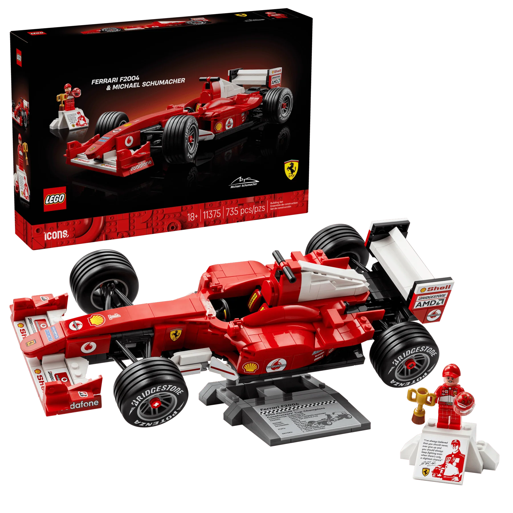Ferrari F2004 & Michael Schumacher race car set, red build with driver minifigures