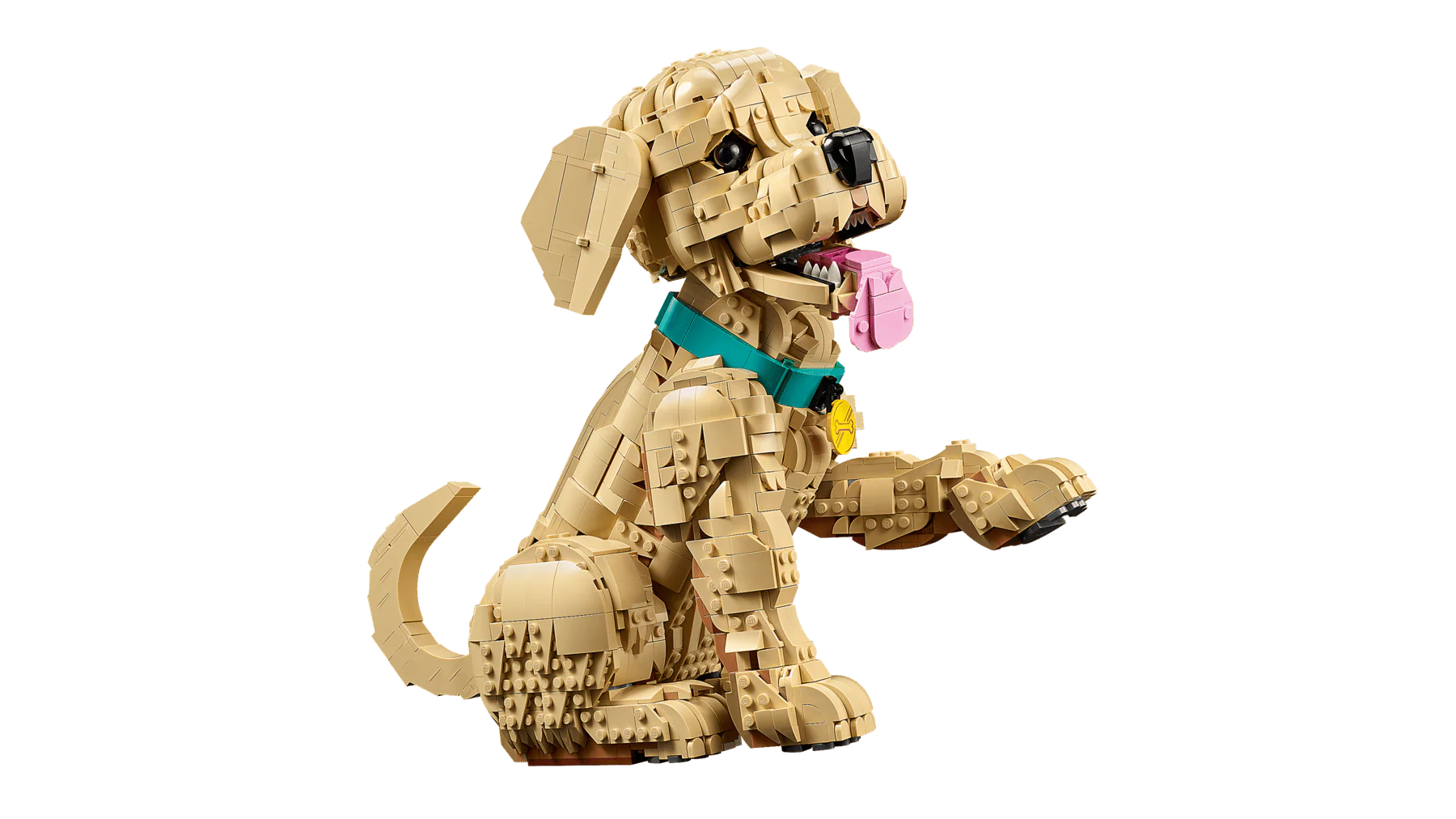 Golden Retriever Puppy brick figure with teal collar, pink bone accessory in mouth