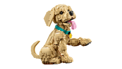 Golden Retriever Puppy brick figure with teal collar, pink bone accessory in mouth