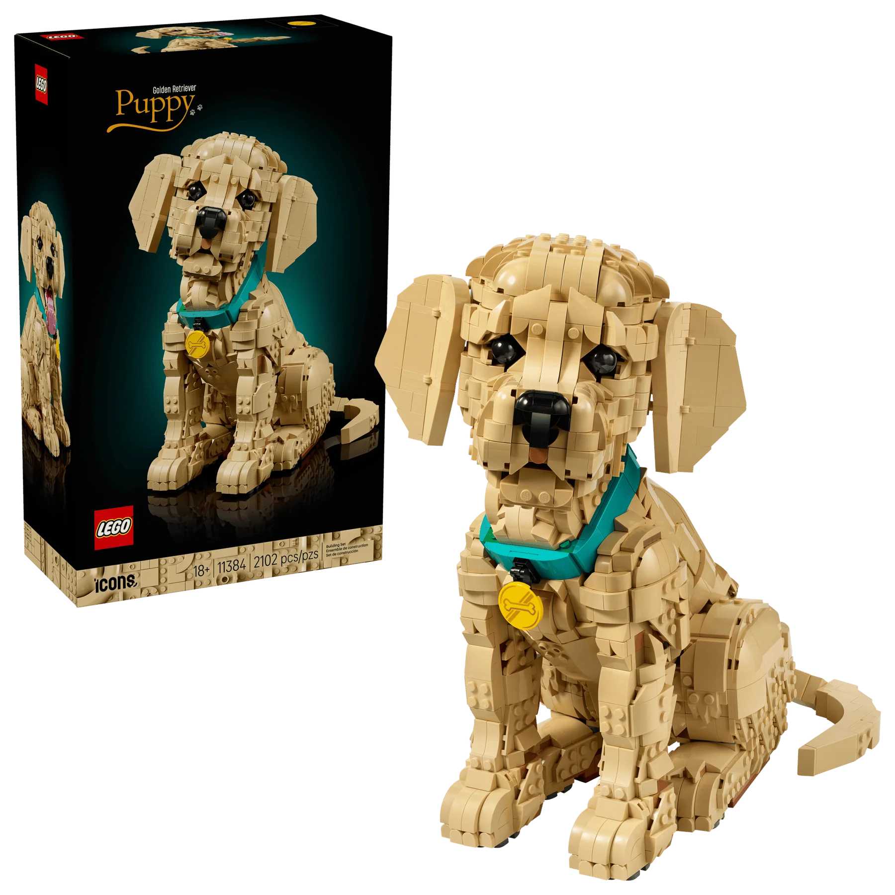 LEGO Icons Golden Retriever Puppy building set, standing pose with teal collar